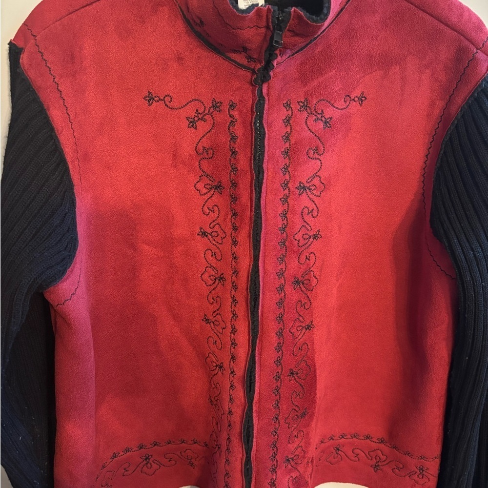 Coldwater Creek Red and Black faux suede Embroidered Blazer Sz L - Picture 2 of 4
